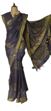 Linen Hand Block Printed Saree SILK ZONE